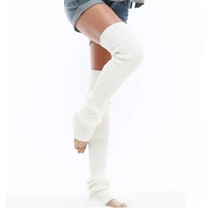 Thick white knitted over-knee leg warmers for women in a soft elastic cable knit style