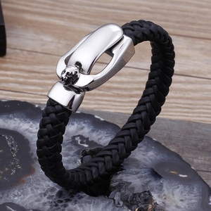 Men Braided Leather Bracelet With 316L Stainless Steel Lion Head Magnetic Clasp Punk Vintage Jewelry Black