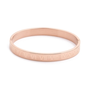 Rose gold bangle featuring classic Roman numeral engravings and a sleek side clasp