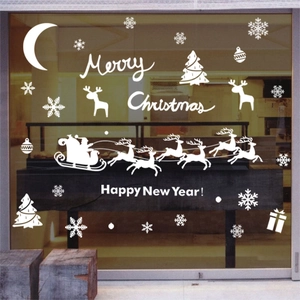 White Christmas window static stickers featuring reindeer, sleigh, and snowflakes patterns