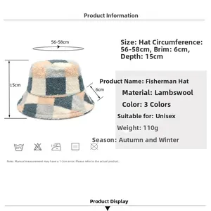 Detailed size specifications for faux shearling plaid bucket hat with dimensions and weight