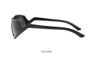 Side view of trendy black Y2K wraparound sunglasses with wide temples and dark lenses