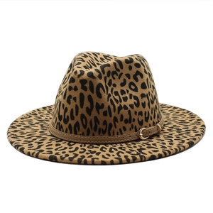 Classic leopard print felt fedora hat with wide brim and decorative leather buckle band