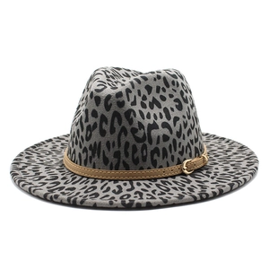 Leopard Print Fedora Hat Woolen Felt Wide Flat Brim Jazz Cap With Leather Belt Metal Buckle Fashion For Women Men