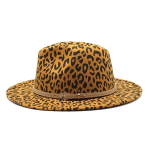 Detail of leopard print fedora hat featuring a wool felt texture and thin leather band
