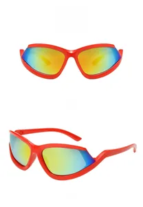 Front and side view of Y2K sporty semi-rimless sunglasses with red frame and gradient lens