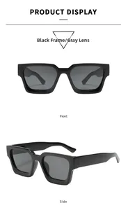 Front and side view of classic black square frame sunglasses with dark gray lenses