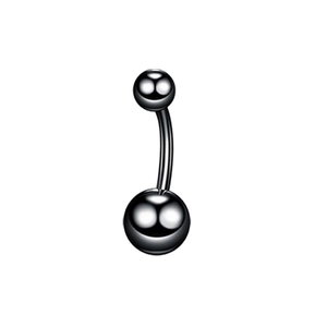 Macro detail of curved black stainless steel navel bar with smooth dual ball design