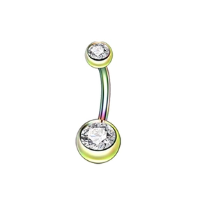 Macro shot of curved barbell navel ring in rainbow finish with two clear zircons