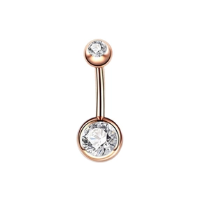 Close-up of rose gold stainless steel belly ring featuring two sparkling round-cut crystals