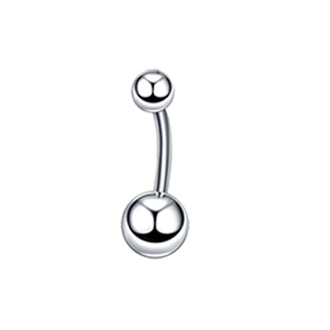 Macro detail of a polished silver stainless steel belly button ring with double beads