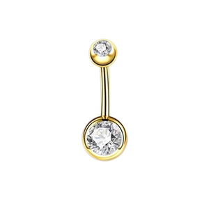 Detailed view of curved gold barbell belly ring featuring two sparkling clear gemstones