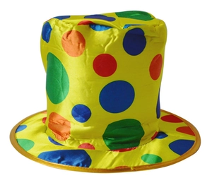 Detailed view of the yellow clown top hat with colorful polka dots and satin finish texture