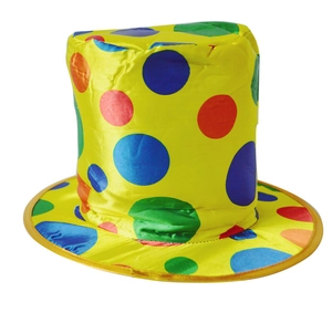 Detailed view of yellow satin clown top hat with colorful polka dots for Halloween parties