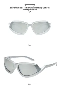 Front and side view of Y2K silver semi-rimless sunglasses with reflective mercury lenses