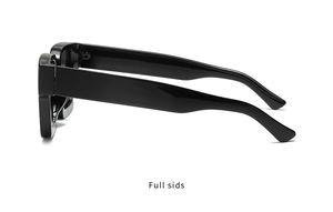 Side view detail of trendy black square sunglasses with thick temples and sleek glossy finish