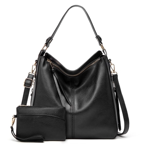 Set of black textured PU leather tote bag and matching clutch with gold hardware detail
