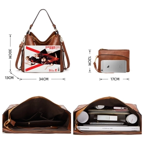Brown litchi leather tote bag set including large shoulder bag and mini clutch purse