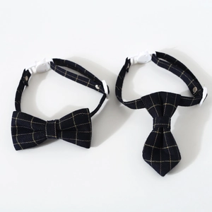 British plaid pet bowtie and necktie set in dark blue and gold with adjustable buckle