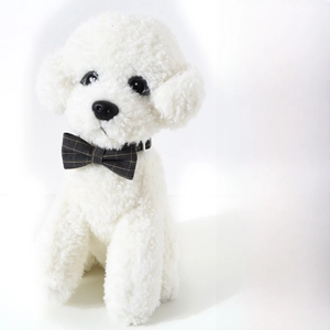 Detail view of British style pet bowtie collar with gold stripes and dimensions