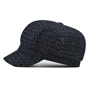 Classic black and white tweed newsboy hat for women with octagonal retro design