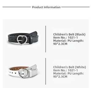 Detailed chart showing black and white PU leather belts with heart punch-outs and silver buckles
