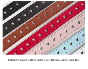 Close-up of smooth leather belts with heart cutouts in multiple vibrant colors