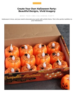Detailed view of twelve orange LED pumpkin lanterns with black spider web patterns