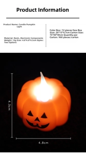 Detailed specs of the resin LED pumpkin candle light with dimensions and lit effect