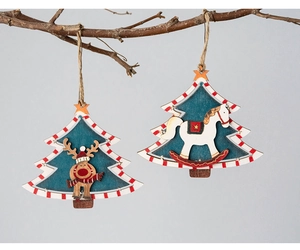 Detail of wooden Christmas tree ornaments with reindeer and rocking horse patterns
