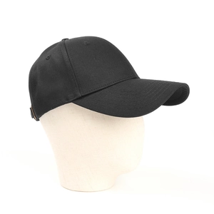 Detail view of the black cotton baseball cap side profile on a mannequin head