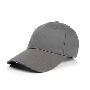Detail of dark grey cotton baseball cap showing six-panel stitch and twill texture