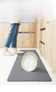 Detail view of shock-absorbent grey kitchen mat with non-slip texture and padded PU leather