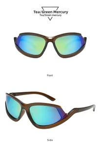 Detail view of Y2K wrap-around sunglasses with tea resin frame and blue-green lenses