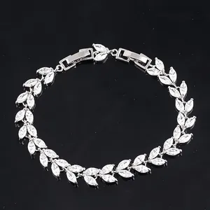 Elegant 18k white gold plated wheat ear bracelet featuring AAA marquise-cut cubic zirconia