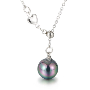 Silver stainless steel necklace with heart charm and a black iridescent shell pearl
