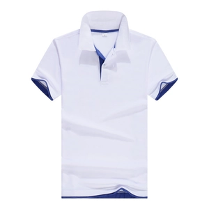 Premium white pique cotton Polo shirt with navy blue trim and short sleeves