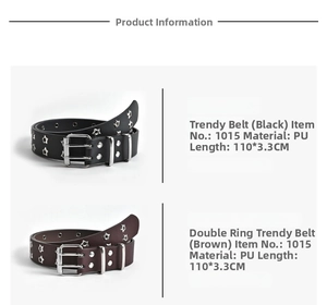 Close-up of punk style PU leather belt showing star rivets and double-prong buckle details