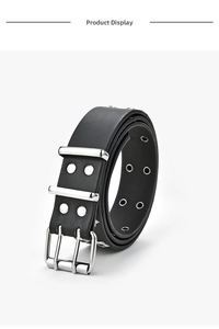 Detail of black punk style double-hole leather belt with silver twin pin metal buckle