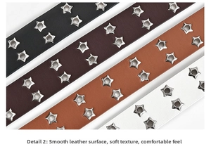 Detail view of smooth punk style leather belts with star-shaped metal eyelets in four colors