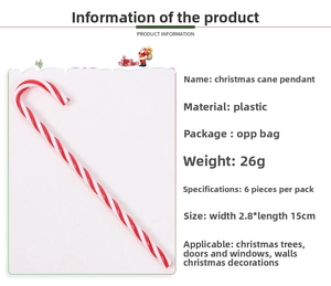 Detail showing 15cm red and white striped Christmas candy cane ornaments in a 6-piece pack