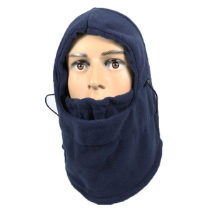 Detail of dark blue fleece balaclava showing adjustable drawstrings and soft texture