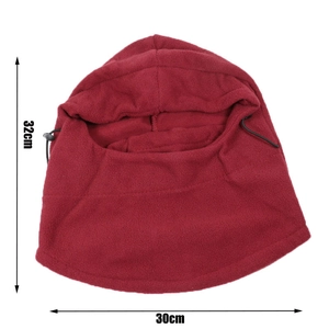 Burgundy polar fleece ski mask with adjustable drawstrings, sizing 32cm x 30cm for winter