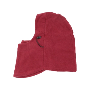 Detail of red fleece ski balaclava showing adjustable black drawstrings and soft texture