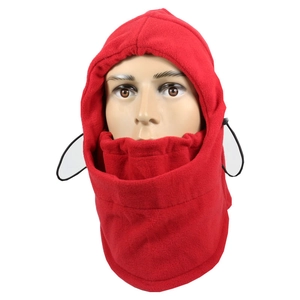 Detail view of red fleece balaclava showing adjustable drawstring and soft fabric texture