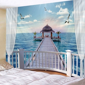 Tropical island tapestry with ocean pier and beach view for bedroom wall decor