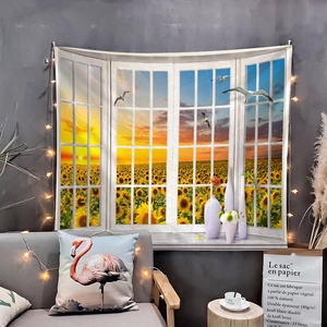 Detail of sunflower field landscape tapestry with 3D window frame and warm sunset lighting