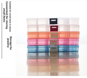 Vertical stack of 15-compartment plastic organizer boxes in multiple colors for small items
