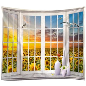 3D scenic wall tapestry featuring sunflower field at sunset with window view effect