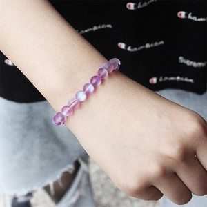 8mm purple frosted striped agate bead elastic bracelet shown on wrist for women
